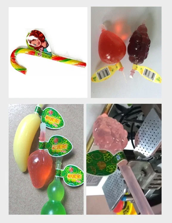  sample display of Jelly automatic labeling machine, sticker folding label taping for sugar, frozen, lollipop round sticker factory package, jelly labeling machine 