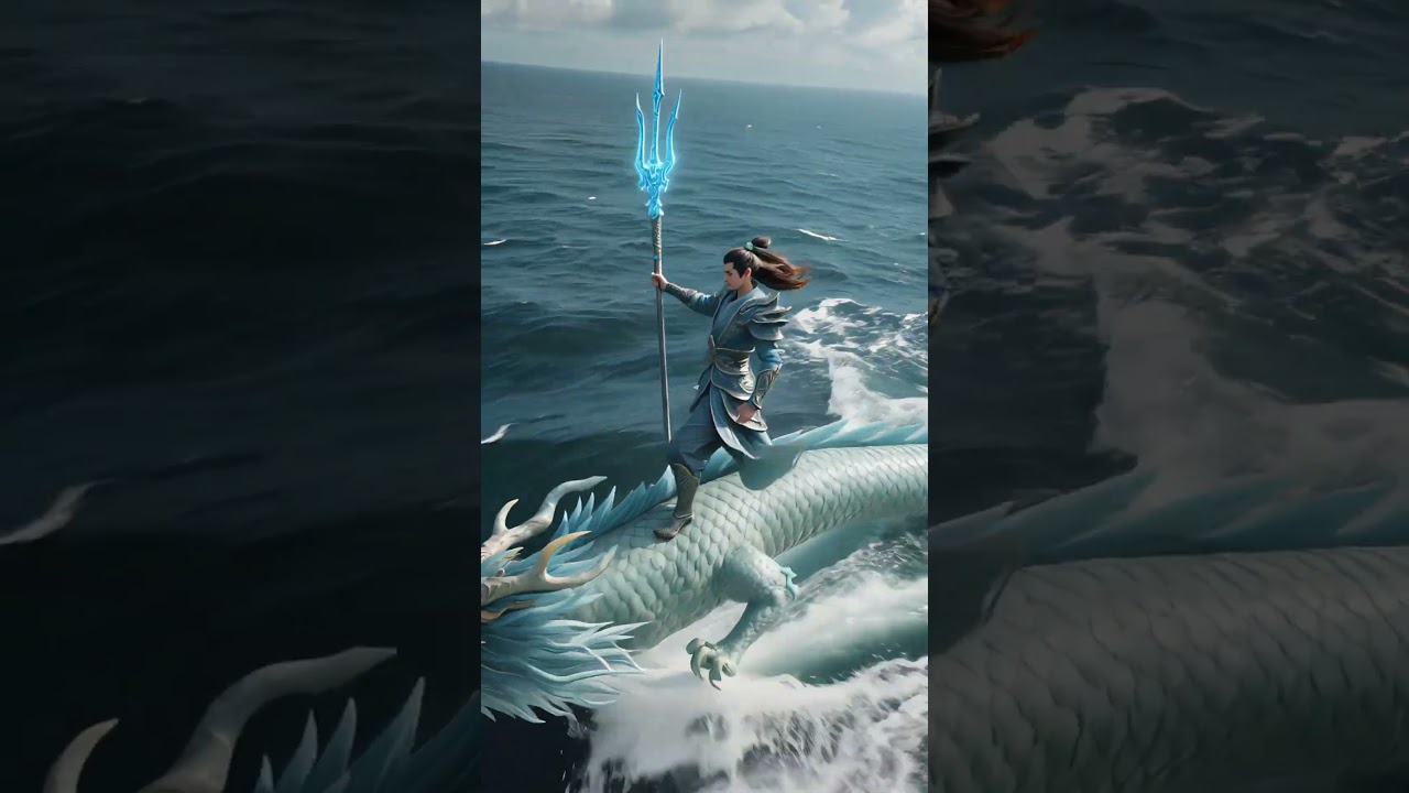 Dragão divino gigante cruzando o mar em alta velocidade